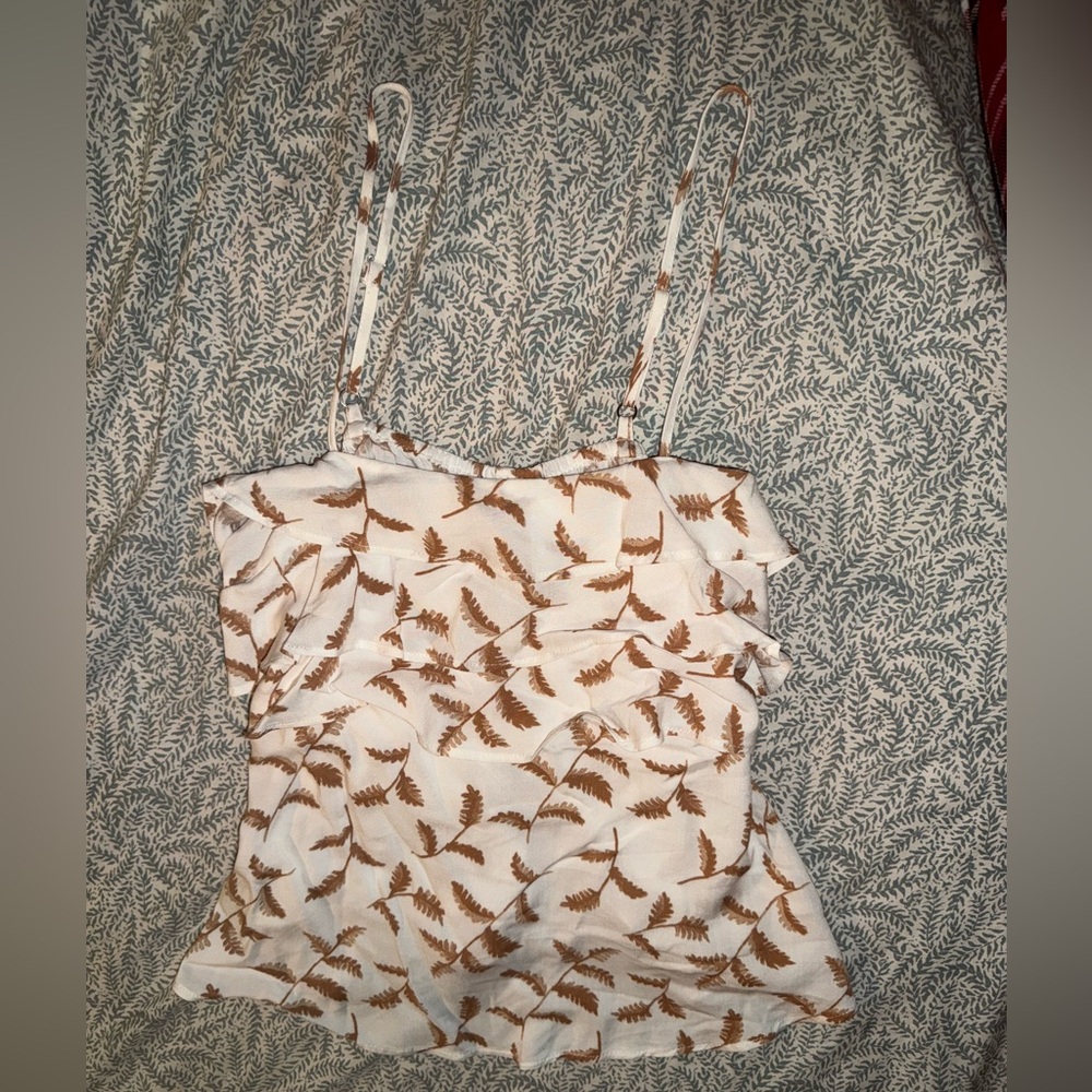 Versona White Ruffle Spaghetti Strap Camisole with Brown Leaf Print